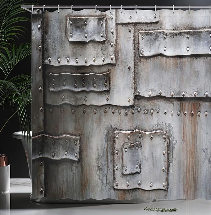 Ambesonne Industrial Shower Curtain, Grunge Wall Old Style Entrance Closed Factory Gate Security Protection Theme, Cloth Fabric Bathroom Decor Set with Hooks, 69" W x 84" L, Brown Grey