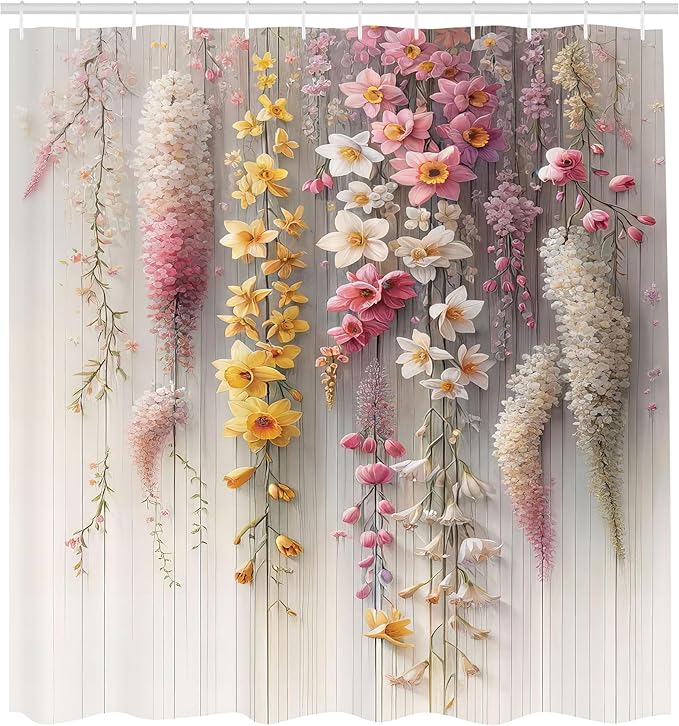 Ambesonne Spring Shower Curtain, Delicate and Romantic Arrange of Creeper Mesh Flowers Cascade Neutral Theme, Cloth Fabric Bathroom Decor Set with Hooks, 69" W x 75" L, Blush Yellow Pink