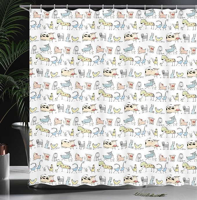 Ambesonne Retro Shower Curtain, Cartoon Village of Domestic Animals Goat Goose Sheep Funny Patterns, Cloth Fabric Bathroom Decor Set with Hooks, 69" W x 70" L, Yellow Beige