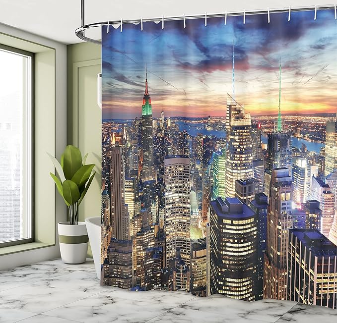 Ambesonne New York Shower Curtain, Skyline of NYC Urban Skyscrapers at Sunset Dawn Streets USA Architecture, Cloth Fabric Bathroom Decor Set with Hooks, 69" W x 75" L, Orange Blue