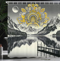 Ambesonne Lake Shower Curtain, Mandala Inspired Motif and Mountains Panorama in Grayscale Achromatic Colors, Cloth Fabric Bathroom Decor Set with Hooks, 69" W x 84" L, Yellow and Grey