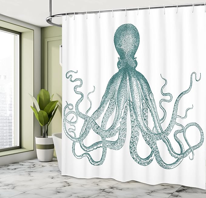 Ambesonne Nautical Shower Curtain, Vintage Engraved Illustration of an Octopus Sea Creature Monochrome Art, Cloth Fabric Bathroom Decor Set with Hooks, 69" W x 70" L, Pale Seafoam