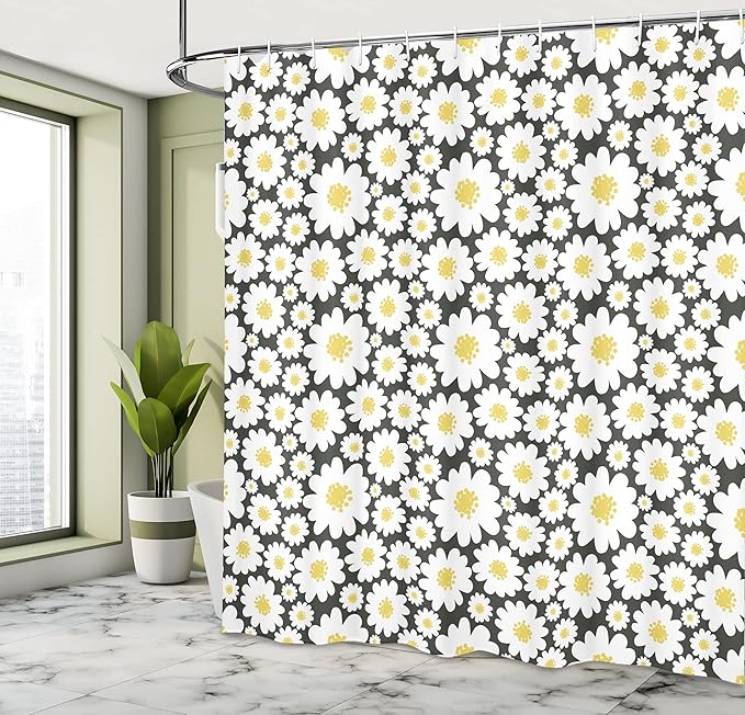 Ambesonne Floral Shower Curtain, Pastel Cartoon Like Flowers Daisies Spring Time Season Artwork Print, Cloth Fabric Bathroom Decor Set with Hooks, 69" W x 70" L, Dark Grey