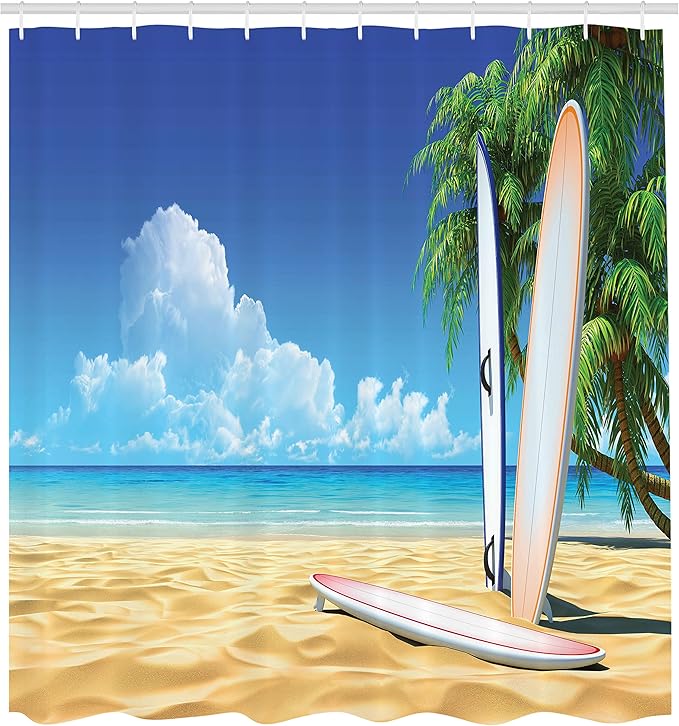 Ambesonne Tropical Shower Curtain, Surf Board on The Sand by Ocean Sea Idyllic Serene Coast Paradise Image, Cloth Fabric Bathroom Decor Set with Hooks, 69" W x 70" L, Royal Blue Sand Brown