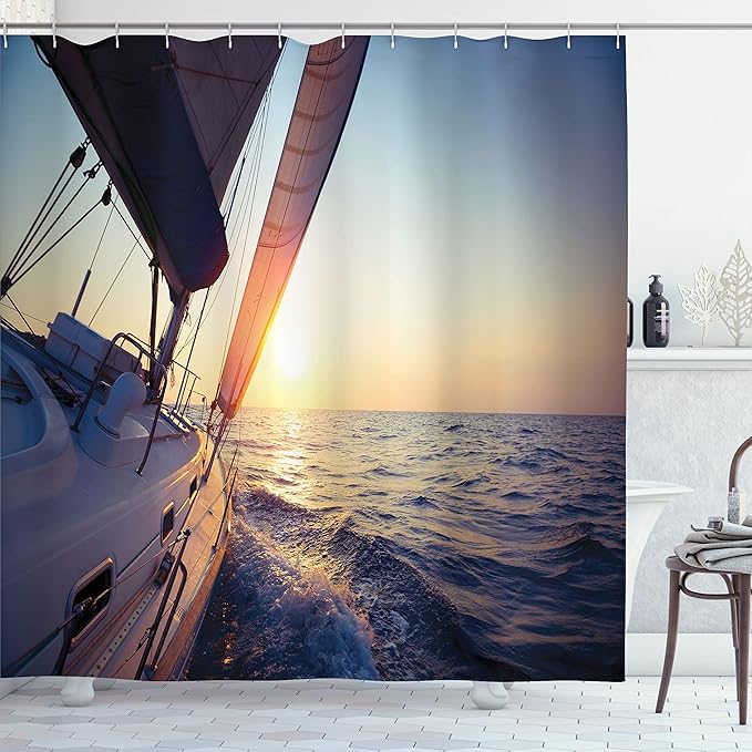 Ambesonne Sailboat Nautical Shower Curtain, Sail Boat Gliding in Open Sea at Sunset Leisure Vessel Windy, Cloth Fabric Bathroom Decor Set with Hooks, 69" W x 70" L, Yellow White Peach