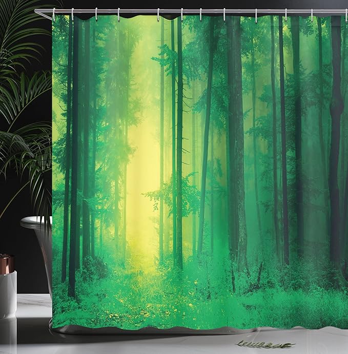 Ambesonne Mystic Shower Curtain, Fantasy Warm Season Springtime Forest Tall Trees Twilight Art Print, Cloth Fabric Bathroom Decor Set with Hooks, 69" W x 70" L, Forest Green