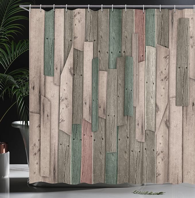 Ambesonne Rustic Shower Curtain, Grunge Wood Planks Barn House Door Nails Country Farm House Life Theme Layout, Cloth Fabric Bathroom Decor Set with Hooks, 69" W x 84" L, Jade Green