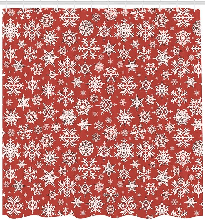 Ambesonne Red Shower Curtain, Various Different Snowflakes with Rich Details Christmas Season in Wintertime, Cloth Fabric Bathroom Decor Set with Hooks, 69" W x 84" L, White and Vermilion
