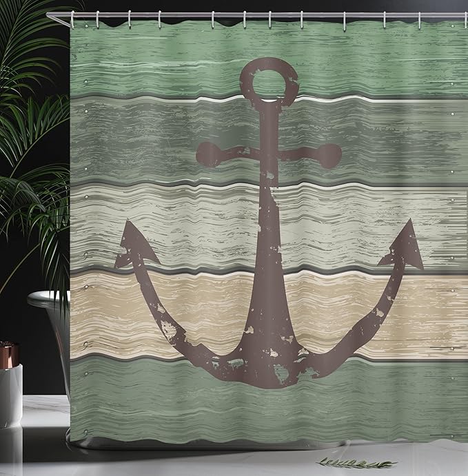 Ambesonne Anchor Shower Curtain, Marine Sailing Sea Symbol and Grungy Rustic Planks in a Neutral Camo Tone, Cloth Fabric Drape for Sea Themed Bathroom Decor Set with Hooks, 69" W x 75" L, Green Khaki