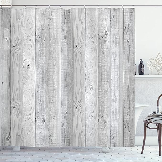 Ambesonne Grey Shower Curtain, Picture of Smooth Oak Wood Texture in Old Fashion Retro Style Horizontal Nature Design Home, Cloth Fabric Bathroom Decor Set with Hooks, 69" W x 75" L, Grey