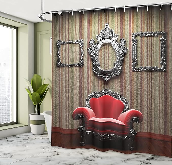Ambesonne Antique Shower Curtain, Wall and Chair Vintage Picture Frame Vertical Striped Background Timber Floor Image, Cloth Fabric Bathroom Decor Set with Hooks, 69" W x 70" L, Red Cream