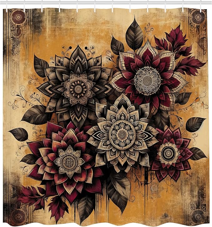 Ambesonne Boho Floral Shower Curtain, Vintage Exotic Flowers Arrange on Rusty Weathered Old Wood Plank, Cloth Fabric Bathroom Decor Set with Hooks, 69" W x 84" L, Burgundy Marigold Dimgray