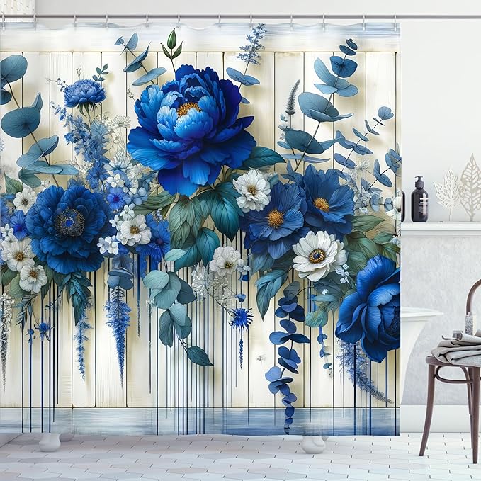 Ambesonne Blue Shower Curtain, Peony Daisy and Wild Flowers with Eucalyptus Branches on Rustic Backdrop, Cloth Fabric Bathroom Decor Set with Hooks, 69" W x 70" L, Teal and Dark Turquoise