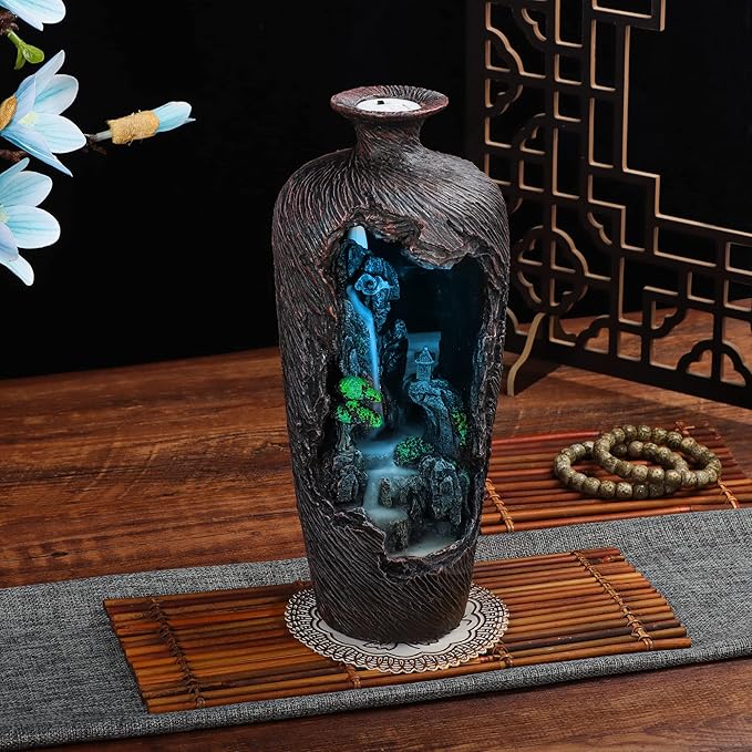 DOBEHOME Mountain Waterfall Incense Burner Backflow Incense Burner Incense Smoke Waterfall with 100 Backflow Incense Cones，Tweezer，Mat (Vase Shape)