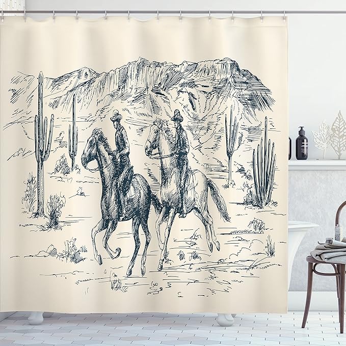 Ambesonne Western Shower Curtain, Country Theme Hand Drawn Illustration of American Wild West Desert with Cowboys, Cloth Fabric Bathroom Decor Set with Hooks, 69" W x 75" L, Slate Blue