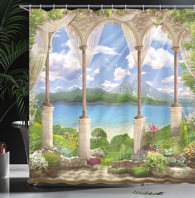 Ambesonne Italian Shower Curtain, Old Stone Arch View The Sea Balcony Fresco Garden Plants Art, Cloth Fabric Bathroom Decor Set with Hooks, 69" W x 70" L, Green