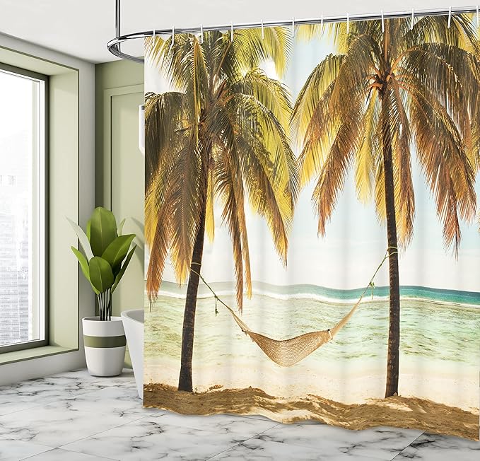 Ambesonne Beach Shower Curtain, Seascape with Hammock and Palm Trees on Shore Tropical Beach Setting Sun, Cloth Fabric Bathroom Decor Set with Hooks, 69" W x 84" L, Brown Green