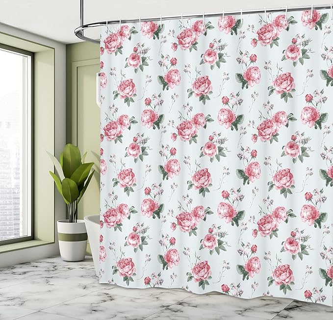 Ambesonne Shabby Flora Shower Curtain, Romantic Spring Summer Flowers Garden Roses with Leaves Art, Cloth Fabric Bathroom Decor Set with Hooks, 69" W x 70" L, Almond Green Pale Pink