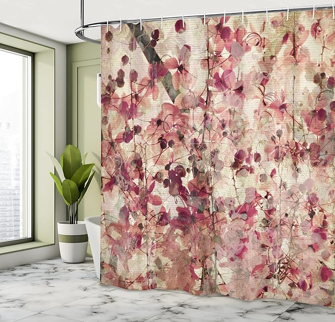 Ambesonne Antique Shower Curtain, Grungy Effect Cherry Blossoms on Retro Background Floral Art Work Nostalgia, Cloth Fabric Bathroom Decor Set with Hooks, 69" W x 70" L, Beige and Pink