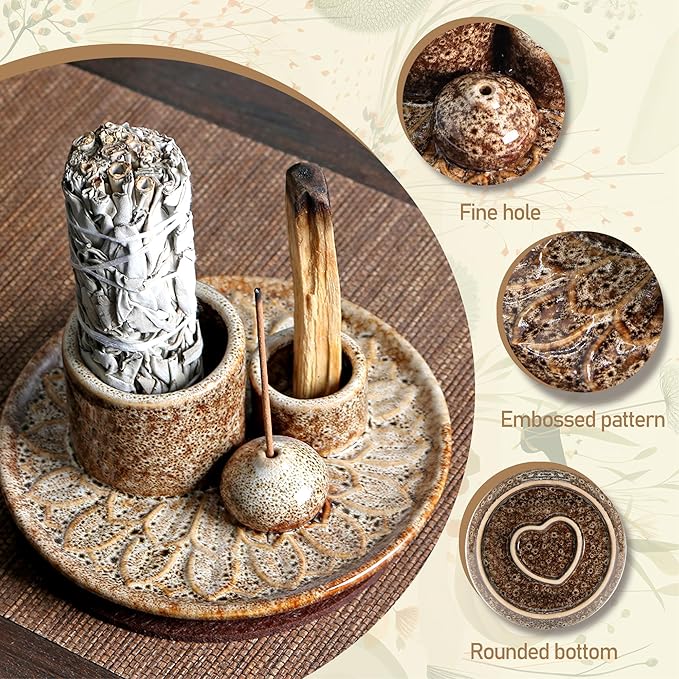 4 in 1 Ceramic Incense Burner, Sage Holder for Burning Bowl, Palo Santo Holder, Incense Holder for Sticks, Smudge Stick Holder(Brown)