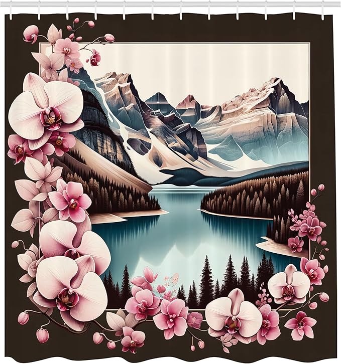 Ambesonne Lake Shower Curtain, Orchid Branches Around Mountain Landscape Spring Joy Outdoorsy View, Cloth Fabric Bathroom Decor Set with Hooks, 69" W x 75" L, Pink Brown and Cadet Blue