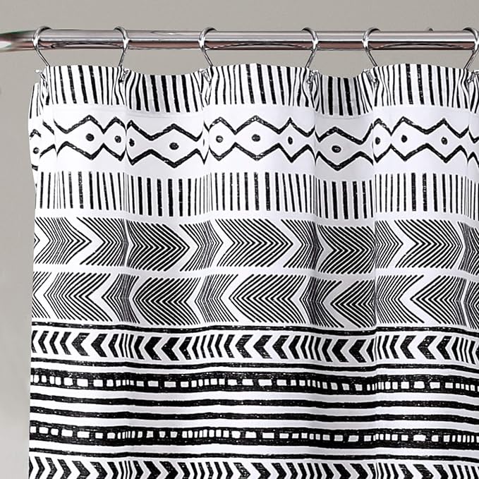 Lush Decor Hygge Geo Shower Curtain, 72" W x 72" L, Black/White - Curtain For Bathroom - Striped Bathroom Decor - Black Bath Accessories - Neutral Color Accessories - Geometric Scandinavian Print