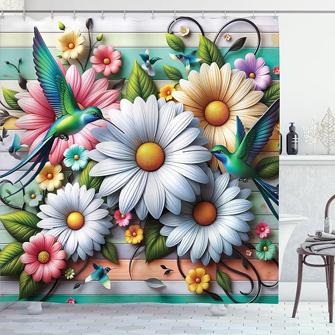 Ambesonne Spring Shower Curtain, Whimsical Bold Colorful Hummingbirds and Daisy Flowers on Wooden Planks Back, Cloth Fabric Bathroom Decor Set with Hooks, 69" W x 75" L, Teal Lilac Green