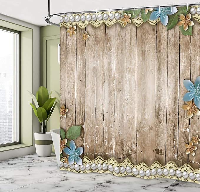 Ambesonne Pearls Shower Curtain, Rustic Wooden Planks Backdrop Flowers Pearls Lace Old Vintage Style Image Print, Cloth Fabric Bathroom Decor Set with Hooks, 69" W x 75" L, Beige Blue