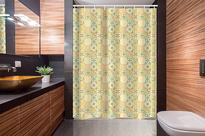 Ambesonne Vintage Stall Shower Curtain, Italian Style Checkered Pattern with Floral Motifs Traditional Antique Art Design, Fabric Bathroom Decor Set with Hooks, 54" W x 78" L, Seafoam Dark Peach
