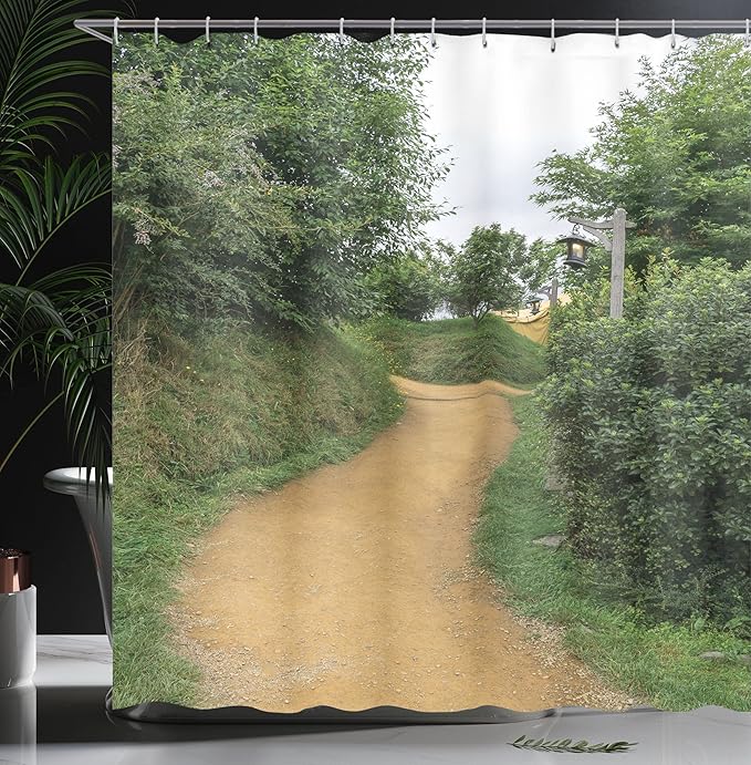 Ambesonne Hobbits Shower Curtain, Elf Path in Woods of Hobbit Land in The Shire New Zealand Movie Set Image Print, Cloth Fabric Bathroom Decor Set with Hooks, 69" W x 70" L, Green Brown