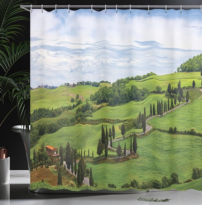 Ambesonne Tuscan Shower Curtain, Mediterranean Landscape House Trees Vineyard Agriculture, Cloth Fabric Bathroom Decor Set with Hooks, 69" W x 70" L, Pale Blue White