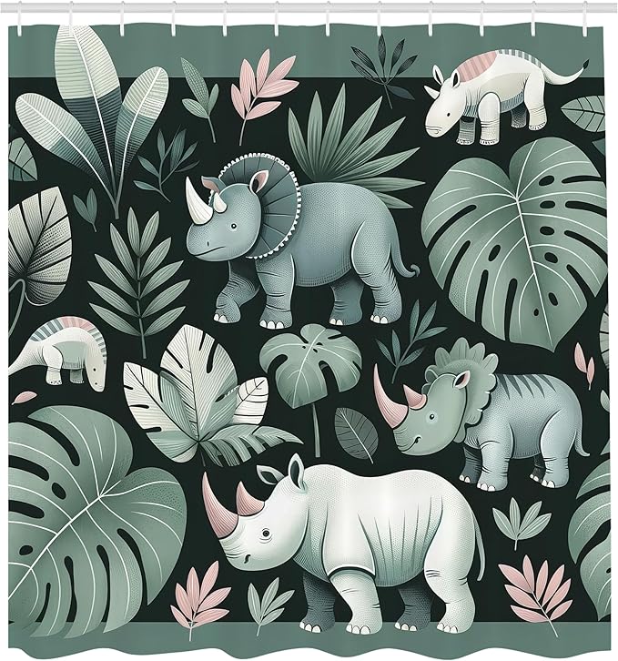 Ambesonne Woodland Shower Curtain, Funny Cartoon Design Exotic Jungle Monstera Leaves Horned Animals Print, Cloth Fabric Bathroom Decor Set with Hooks, 69" W x 70" L, Laurel Green Blush