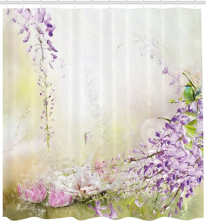 Ambesonne Lavender Shower Curtain, Painting Style Floral Composition Spring Inspired Garden Plants, Cloth Fabric Bathroom Decor Set with Hooks, 69" W x 84" L, Lavender Green Cream