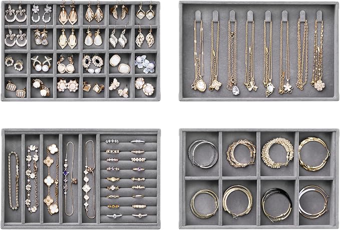 Velvet Jewelry Drawer Organizer Trays – Grey Stackable Jewelry Storage Inserts Set, 4-Layer Jewelry Tray Set for Earrings, Rings, Necklaces, Bracelets with Removable Dividers for Dresser & Vanity