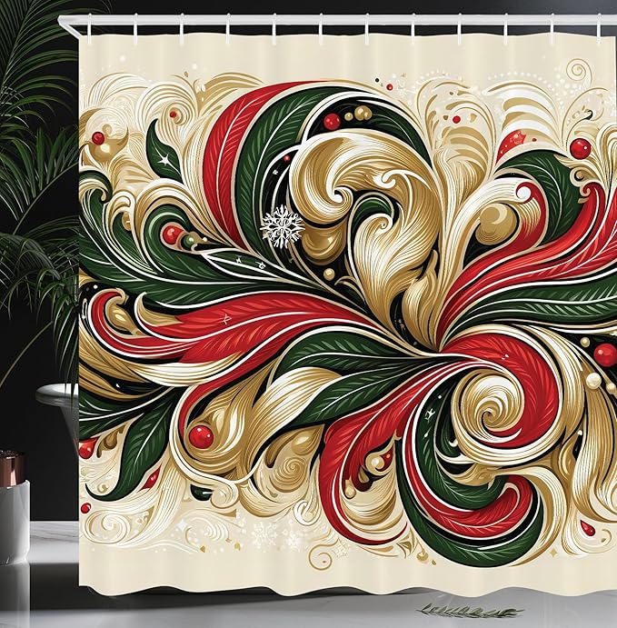 Ambesonne Christmas Shower Curtain, Classic Xmas Curlicue Leaves with Dots and Snowflake Victorian Aura, Cloth Fabric Bathroom Decor Set with Hooks, 69" W x 84" L, Khaki Dark Pink Green