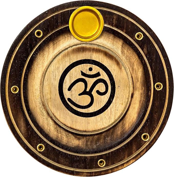 Om Incense Holder for 7 Incense Sticks and 1 Cone - for Meditation Room Decor, Spiritual Gifts, Meditation Accessories, Eclectic Home Decor - 4" Round Wood Burner with Painted Aum Symbol