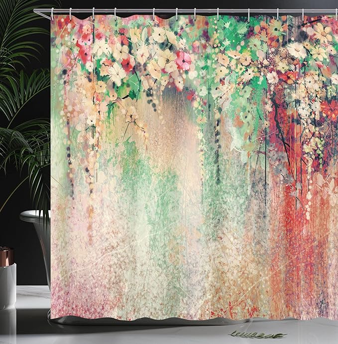 Ambesonne Flower Shower Curtain, Abstract Herbs Alternative Medicine Blossoms Ivy Back Florets Shrubs Design, Cloth Fabric Bathroom Decor Set with Hooks, 69" W x 84" L, Shamrock Green