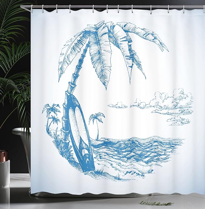 Ambesonne Surf Shower Curtain, Contemporary Sketch Illustration Hawaiian Beach Surfboard Palms Ocean Water, Cloth Fabric Bathroom Decor Set with Hooks, 69" W x 75" L, Blue White