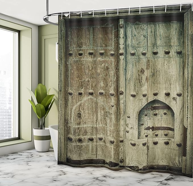Ambesonne Rustic Shower Curtain, Doors Antique Historical Architecture Inspired Wooden Aged Oriental Design, Cloth Fabric Bathroom Decor Set with Hooks, 69" W x 70" L, Brown Green