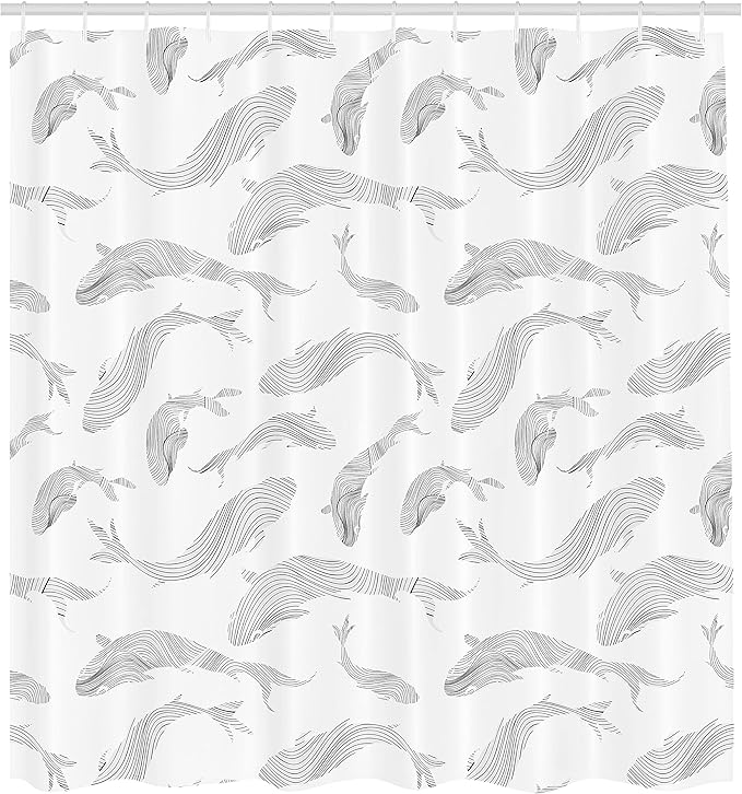 Ambesonne Fish Shower Curtain, Minimalist Fish Pattern with Stripes Tropical Fauna Tail Hand Drawn Nautical Theme, Cloth Fabric Bathroom Decor Set with Hooks, 69" W x 70" L, White Grey