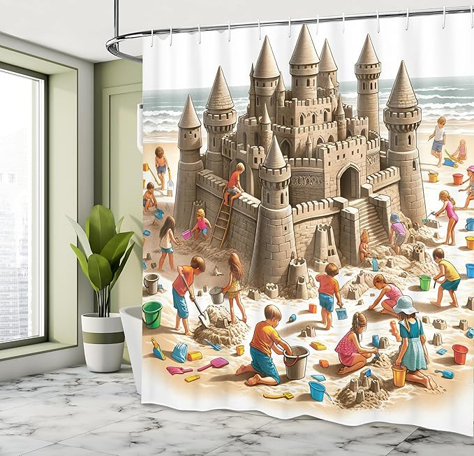 Ambesonne Sand Castle Shower Curtain, Funny Cartoon Design of Playing and Building on The Sandy Beach Shore, Cloth Fabric Bathroom Decor Set with Hooks, 69" W x 70" L, Camel Burnt Orange