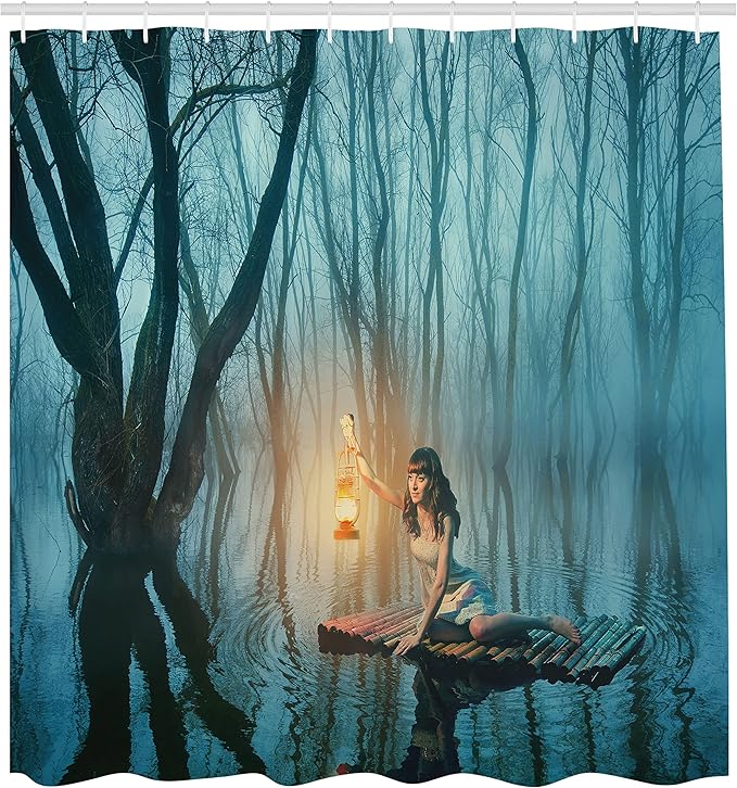 Ambesonne Gothic Shower Curtain, Woman Floating on The Lake with Tree Trunks Boat Rustic Dress in Misty Forest, Cloth Fabric Bathroom Decor Set with Hooks, 69" W x 84" L, Turquoise Peach