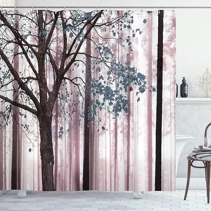 Ambesonne Autumn Shower Curtain, Rustic Fall Country Themed Tree Leaves on an Abstract Woodland Background Print, Cloth Fabric Set with 12 Hooks for Farm House Bathroom Decor, 69" W x 84" L, Grey Pink