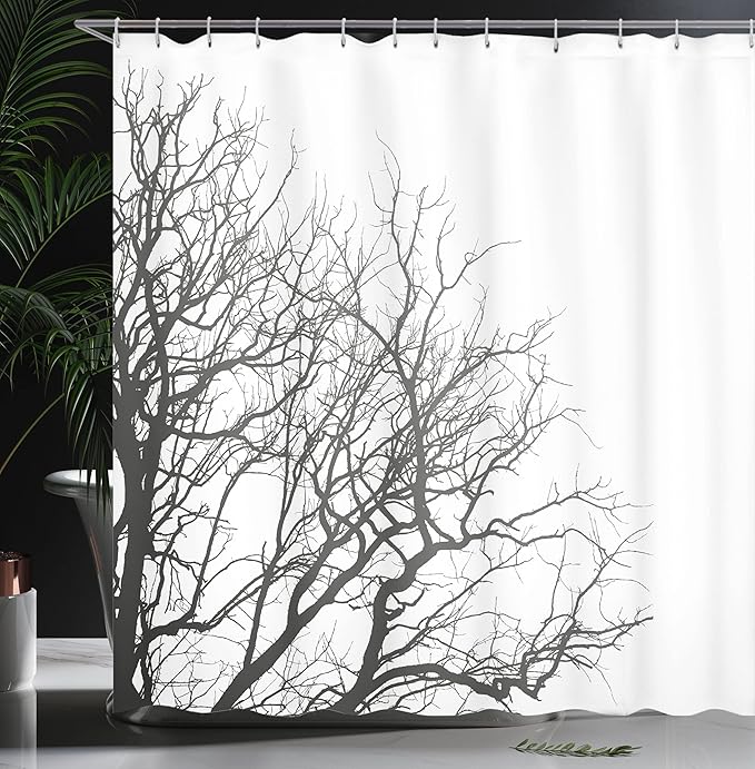 Ambesonne Black and White Shower Curtain, Leafless Branches of a Tree in Autumn Dramatic November Days Out Twigs, Cloth Fabric Bathroom Decor Set with Hooks, 69" W x 84" L, Black White