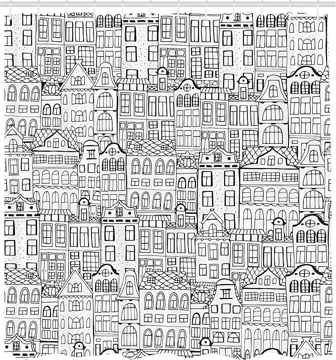 Ambesonne Amsterdam Shower Curtain, Monochrome Style Cartoon Drawing of Historic Houses Clutter City Town, Cloth Fabric Bathroom Decor Set with Hooks, 69" W x 70" L, Charcoal White