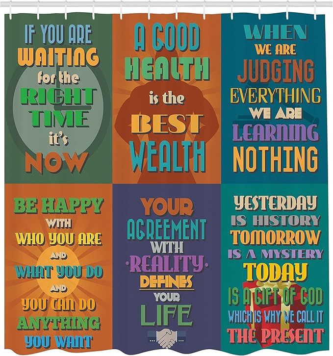 Ambesonne Saying Shower Curtain, Group of Unusual and Inspirational Words Artwork Right Attitude, Cloth Fabric Bathroom Decor Set with Hooks, 69" W x 70" L, Mustard and Teal