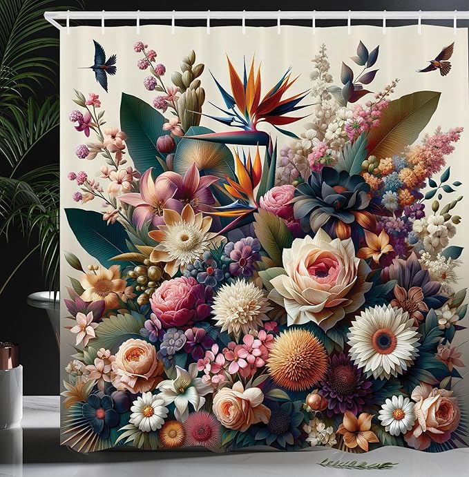Ambesonne Modern Shower Curtain, Color Jumble Dreamy Peony Sunflower Floral Huddle with Leaves Greenery Fantasy Boho, Cloth Fabric Bathroom Decor Set with Hooks, 69" W x 75" L, Multicolor