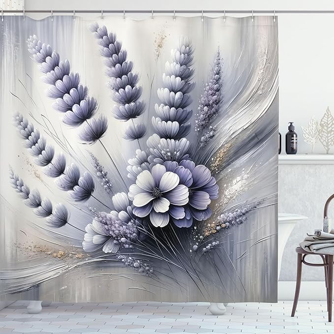 Ambesonne Lavender Shower Curtain, Gentle Illustration of Purplish Petal Floral with Oil Paint Look Backdrop, Cloth Fabric Bathroom Decor Set with Hooks, 69" W x 75" L, Ceil Blue Pale Grey