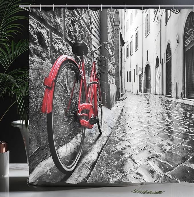 Ambesonne Bicycle Shower Curtain, Classic Bike on Cobblestone Street in Italian Town Leisure Photo, Cloth Fabric Bathroom Decor Set with Hooks, 69" W x 84" L, White Black
