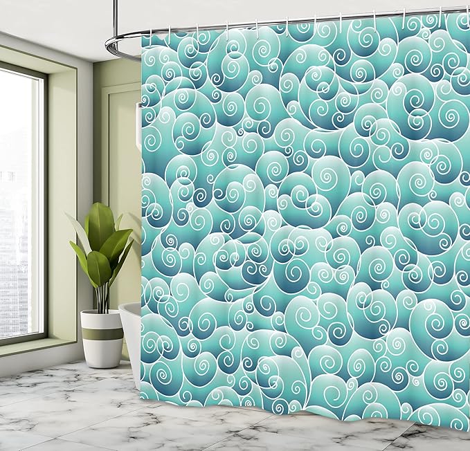 Ambesonne Teal Shower Curtain, Abstract Pattern of Swirling Spirals Waves in an Ornamental Style Inspired by The Wind Art, Cloth Fabric Bathroom Decor Set with Hooks, 69" W x 84" L, Turquoise Teal